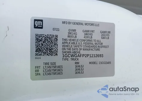 2023 Chevrolet Express Cargo Rwd 2500 Regular Wheelbase Wt из США, поврежденный, VIN 1GCWGAFP2P1212693